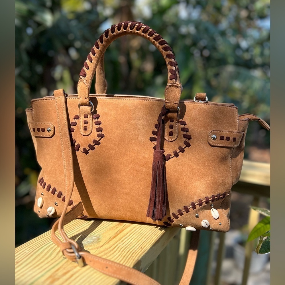 Ashro Western Boho Suede Satchel Bag – 17x10” Shoulder & Crossbody Purse